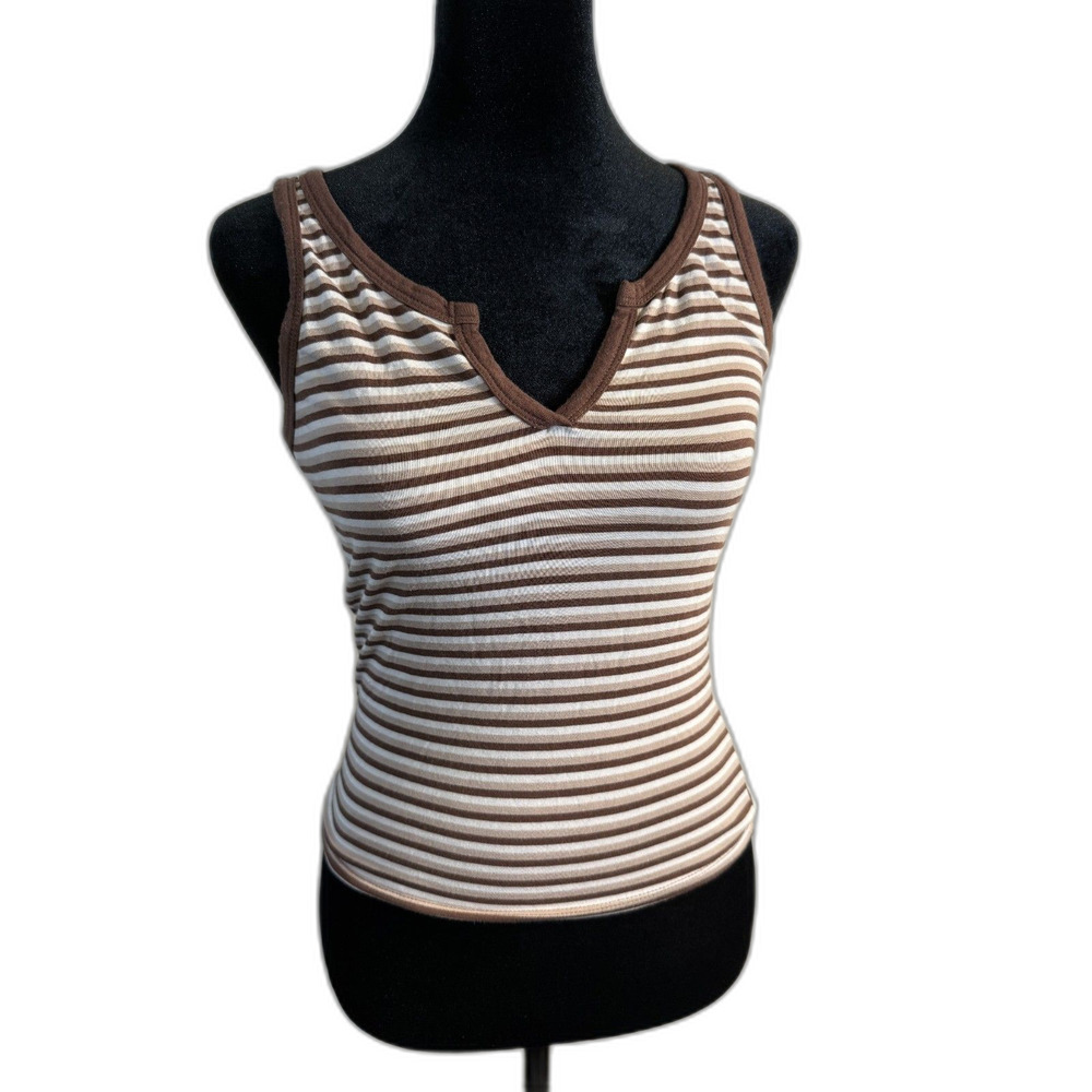 Brown & White Stripe Sleeveless Tank Top — Scoop Neck, Fitted, Casual